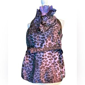 Sara Campbell Purple Leopard Sleeveless Ruffled Collar Belted Top